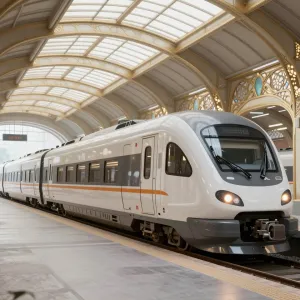 A 3D rendering of a futuristic train station in the style of