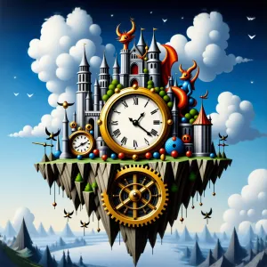 Surrealist painting of a floating island with giant clock gears, populated with