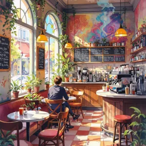 A watercolor painting of a coffee shop with surreal elements in vibrant