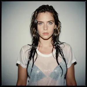 analog film photo Kat Dennings, wet t-shirt, upper body shot . faded