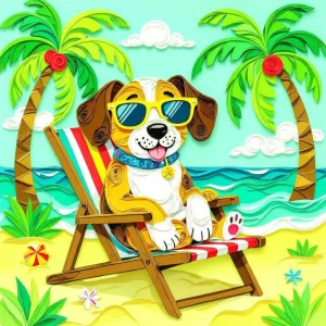 In this paper quilling, layered paper artwork, a dog wears sunglasses while