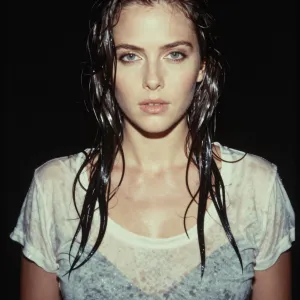 analog film photo Kat Dennings, wet t-shirt, upper body shot . faded