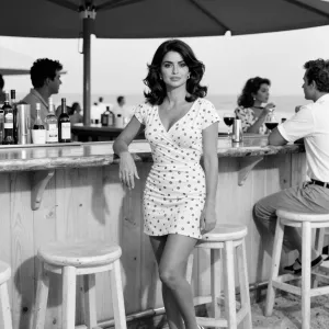 Penelope Cruz at a beach bar in the sixties. Black and White