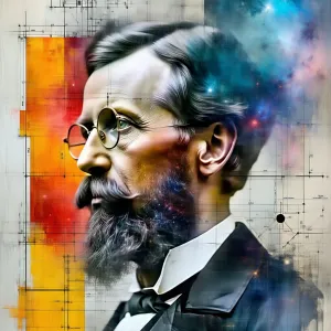 A mixed media collage of famous scientists, layered over blueprints and cosmic