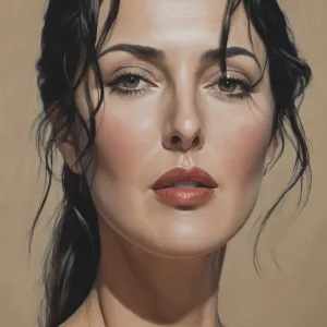 Monica Bellucci painted in the style of Georgia O’Keeffe, upper body shot