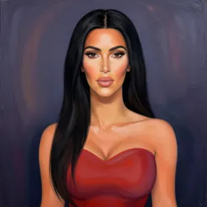 Kim Kardashian painted in the style of Georgia O’Keeffe, upper body shot