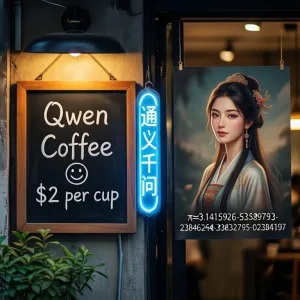 A coffee shop entrance features a chalkboard sign reading "Qwen Coffee 😊