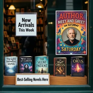Bookstore window display. A sign displays “New Arrivals This Week”. Below, a