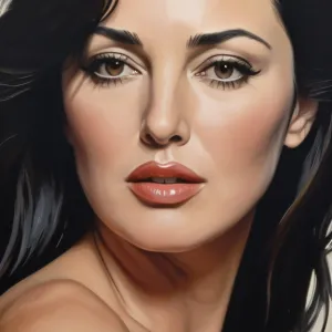 Monica Bellucci painted in the style of Georgia O’Keeffe, upper body shot