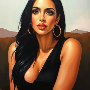Kim Kardashian painted in the style of Georgia O’Keeffe, upper body shot