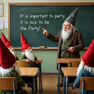 a classroom with young gnomes watching the old gnome teacher pointing at