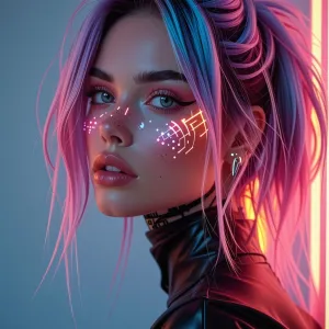 A futuristic digital portrait of a woman with holographic tattoos and neon