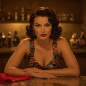 A glamorous woman with dark, voluminous curls styled in classic 1950s fashion