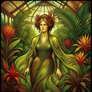 Art Nouveau painting of a female botanist surrounded by exotic plants in