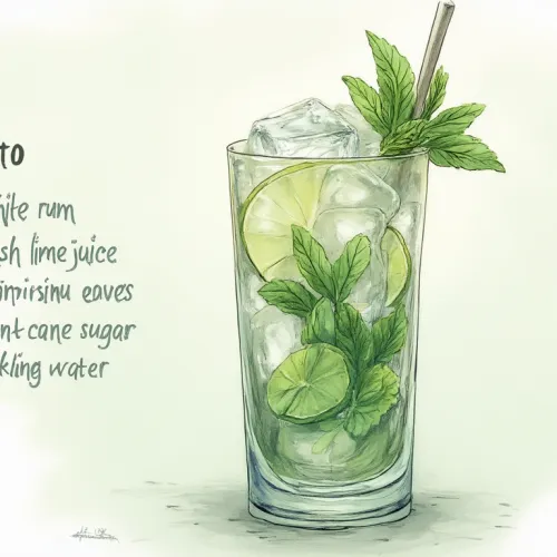 Title: "Elegant Mojito Illustration: Translucent Greens and Light Reflections