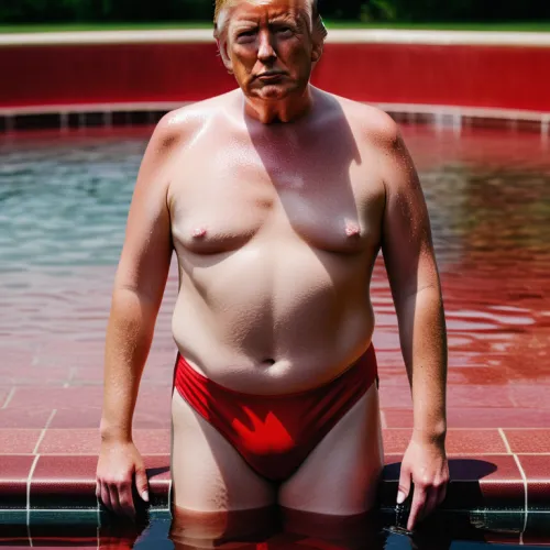 Trump in Red Bikini, Full-Body Shot, Poolside High Detail