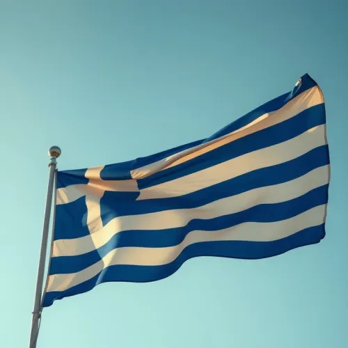 Vibrant Greek Flag Fluttering in Clear Sky: High-Quality HDR Photography