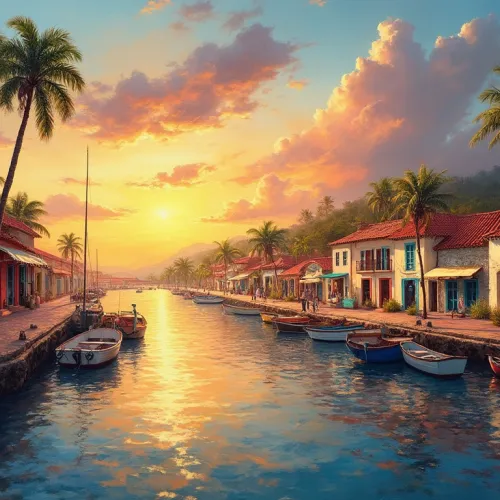 Vibrant Colonial Village Sunset - Caribbean Impressionism