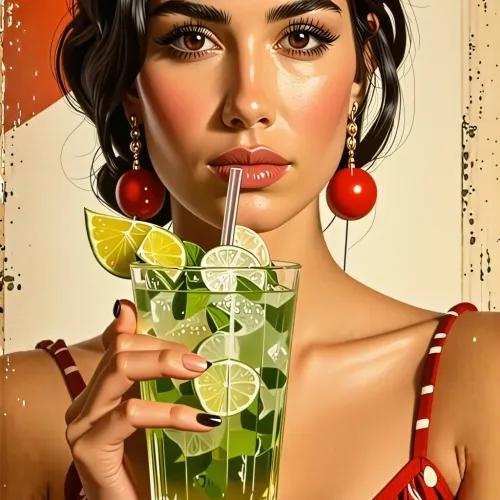 digital art, Old soviet propaganda poster depicting Salma Hayek drinking a mojito