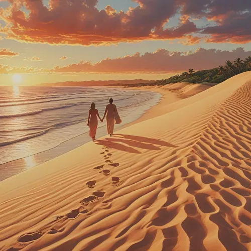 Serene beach, Couple walking hand in hand, Tropical island, Twilight, Rolling dunes