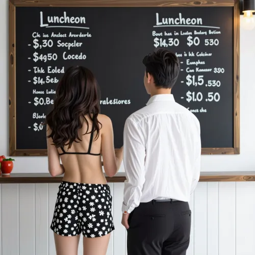 The image depicts a woman standing in front of a chalkboard menu
