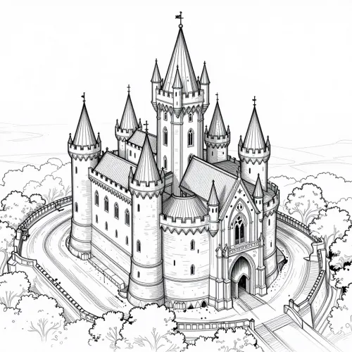 line art drawing - A sketch of a mysterious castle in the