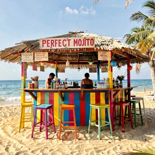 a beach bar called the perfect mojito seen from the beach, vibrant