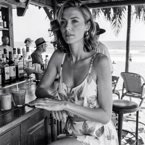 Penelope Cruz at a beach bar in the sixties. Black and White