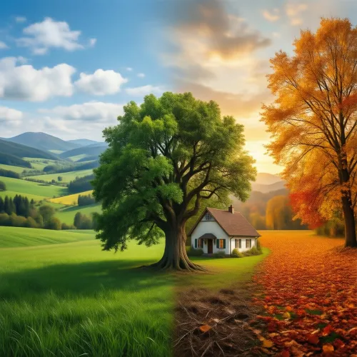 Generate a single landscape that seamlessly transitions through all four seasons from