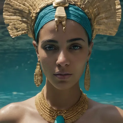 Create a serene and symbolic image of Cleopatra bathing in the Nile
