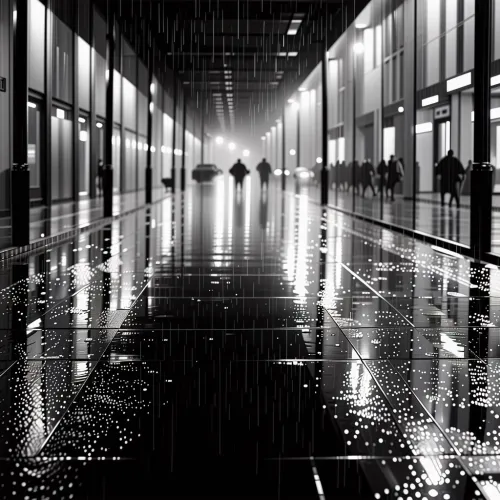 Black and white street photography of a rainy night in Barcelona, reflections