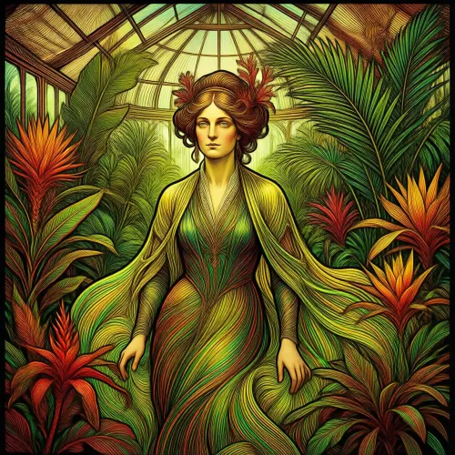 Art Nouveau painting of a female botanist surrounded by exotic plants in