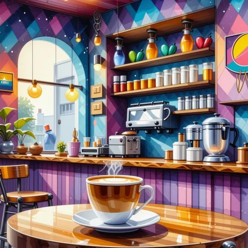 A watercolor painting of a coffee shop with surreal elements in vibrant