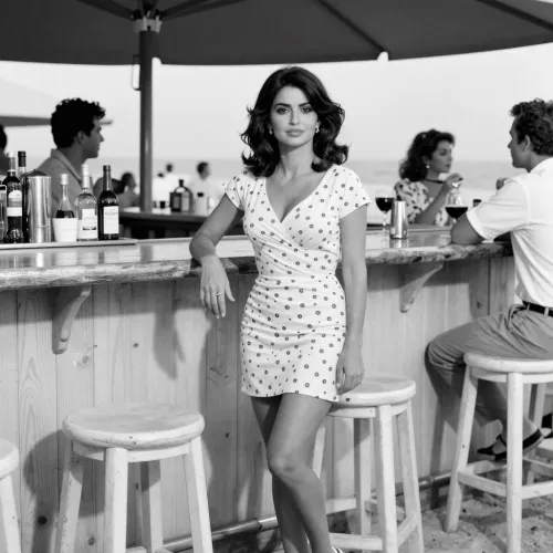 Penelope Cruz at a beach bar in the sixties. Black and White