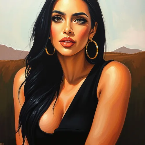 Kim Kardashian painted in the style of Georgia O’Keeffe, upper body shot