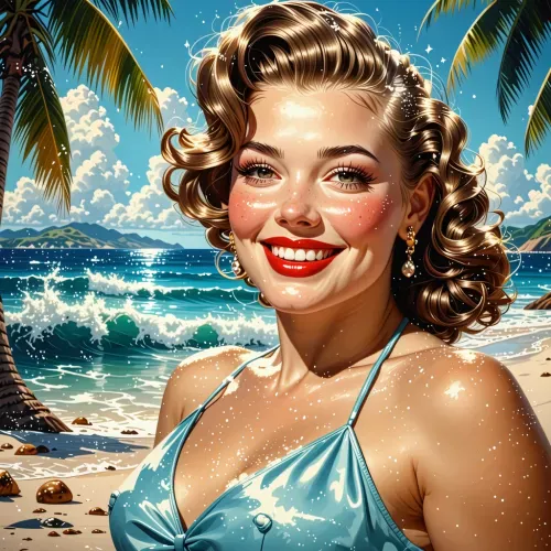 A full-figured, smiling 50s pin-up in a colorful, highly detailed poster on