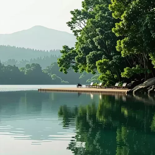 In the background, the calm water gently reflects the surrounding greenery, and
