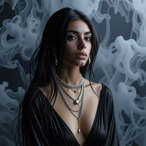 A moody, hyperrealistic portrait of a Persian woman with long, dark hair