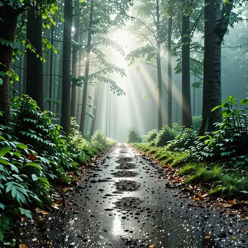 A hyper-realistic photograph of a forest trail just after a light rain