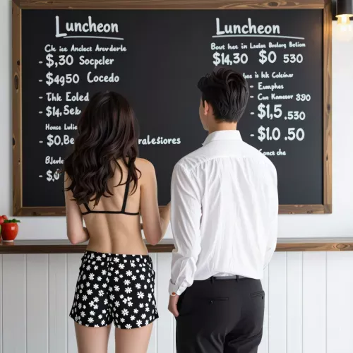 The image depicts a woman standing in front of a chalkboard menu