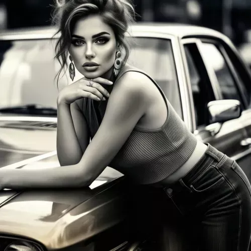 HDR photo of A striking black-and-white portrait captures a young woman leaning