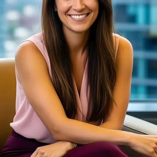 HDR photo of "A mid-20s woman with a warm, inviting smile sits