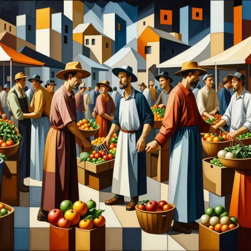A cubist depiction of a bustling farmer’s market, full of angular shapes