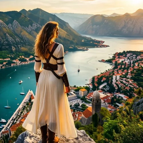 Photograph of a woman standing on a high rocky cliff overlooking a
