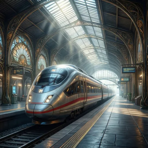 A 3D rendering of a futuristic train station in the style of