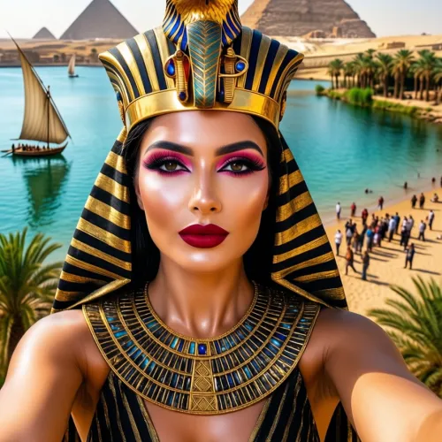 A high-angle selfie shot of a woman dressed in elaborate ancient Egyptian