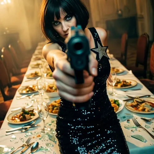 Subject: A woman with dark bobbed hair and sharp makeup lunging forward