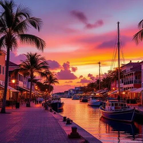 Een brede professionele foto van een koloniale havenstad in het Caribisch gebied