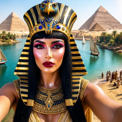 A high-angle selfie shot of a woman dressed in elaborate ancient Egyptian