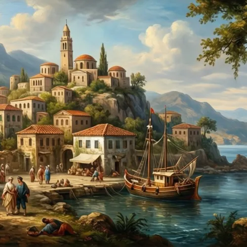A Rococo painting of a Greek old town with a port